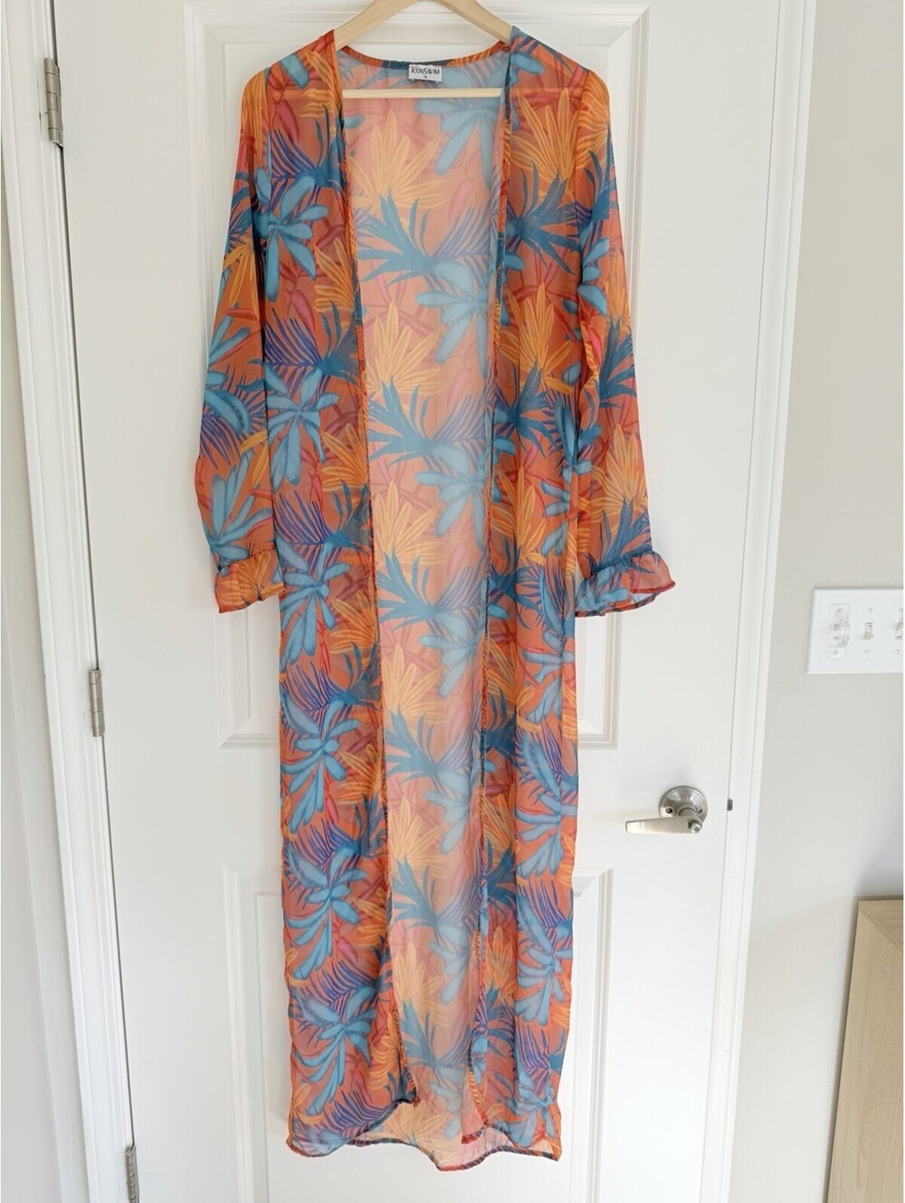 IconSwim Small Orange Blue Tropical Sheer Long Kimono Beach Cover Up Resort Wear